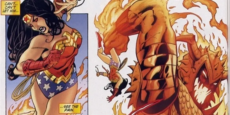 Wonder Woman đã bị tóm lấy sau một thoáng bất cẩn và suýt chút nữa đã bị thiếu sống trong tay của D’grth.