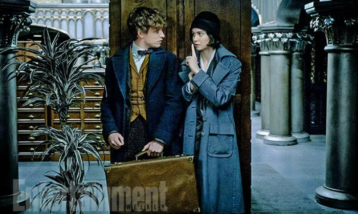Qua h&igrave;nh ảnh cho thấy Newt v&agrave; Tina Goldstein (Katherine Waterson) đang cố ẩn n&aacute;u trong Quốc hội Magical tại Hoa Kỳ.
