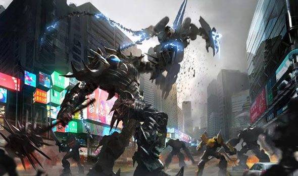 Dinobot Slug Tam Giác Long trong trạng thái Robot mode trên trận chiến Hong Kong.