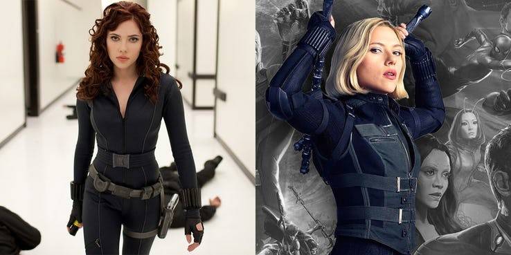 Với Black Widow, mỗi mùa phim là mỗi kiểu tóc, đến Infinity War đổi luôn màu tóc nhưng vẫn đẹp. (Nguồn: Screen Rant)
