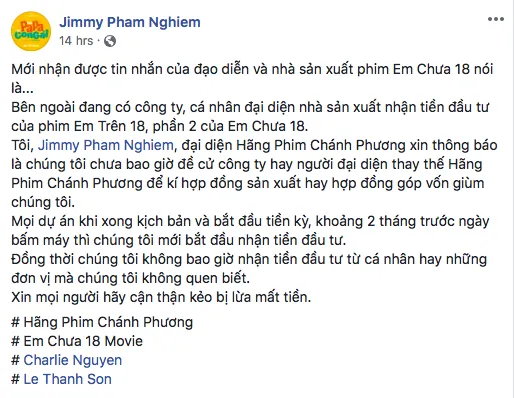 Ảnh chụp màn hình từ trang Facebook cá nhân của đại diện hãng phim Chánh Phương