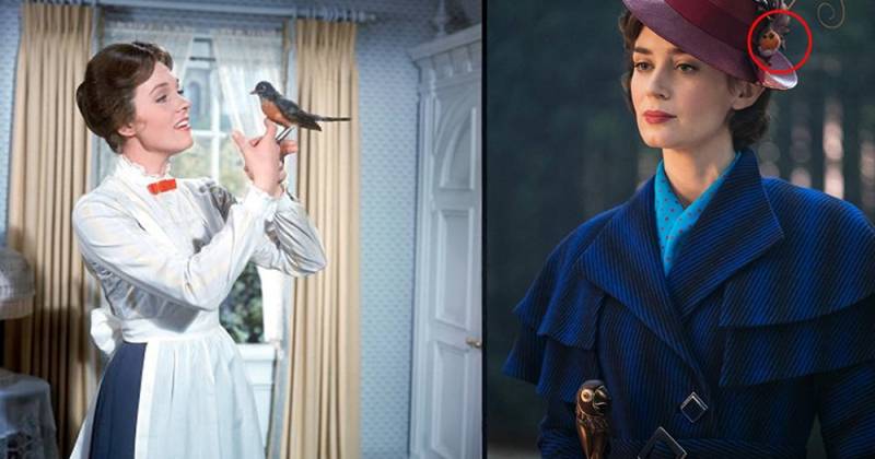 Bông hoa cúc trên nón của Mary Poppins được thay bằng chú chim trong phần 2. (IMDb)
