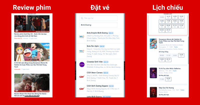 Những tiện ích nổi bật của Moveek: đặt vé xem phim, xem lịch chiếu các rạp toàn quốc và review các phim chiếu rạp. 