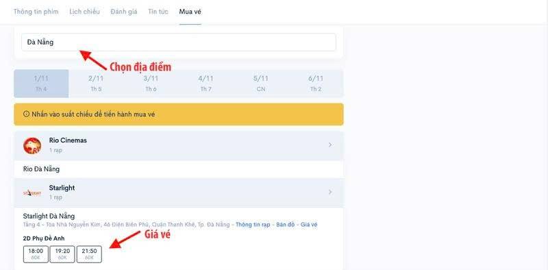 Đặt vé và cập nhật giá vé tại website Moveek