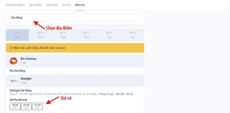 Đặt vé và cập nhật giá vé tại website Moveek