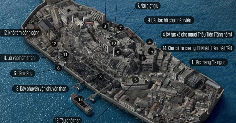 Sơ đồ đảo Hashima được phục dựng thành phim trường cho Đảo Địa Ngục.