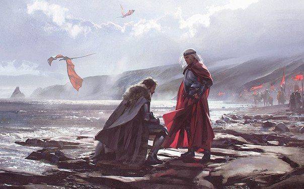 Lãnh chúa Stark quỳ gối trước Aegon để được toàn mạng.