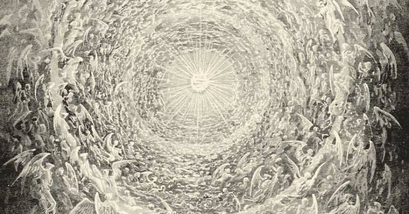 Tranh khắc gỗ của Gustave Doré, Thiên đường, Khổ 28; Dante và Beatrice thấy Thượng đế hiển hiện như một quầng sáng chói lọi, bao quanh bởi các thiên thần.