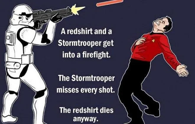 Cả 2 quân tiến vào trận chiến. Stormtrooper thì cứ bắn hụt và anh áo đỏ cứ lăn đùng ra chết