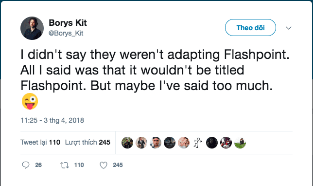 (Tạm dịch: Tôi có nói Flashpoint sẽ không được chuyển thể hồi nào đâu. Tôi chỉ nói rằng phim sẽ không được đặt tựa Flashpoint thôi. Nhưng có lẽ tôi đã lỡ tiết lộ hơi nhiều nhỉ.)