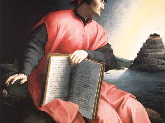 “Bức chân dung ngụ ý của Dante”, tác giả khuyết danh hoàn thành vào năm 1530, tranh dầu trên mặt gỗ, Bảo tàng Đặc khu Washington lưu giữ, ngón tay Dante đang chỉ vào khúc ca thứ 25 mở đầu chương “Thiên đường”.