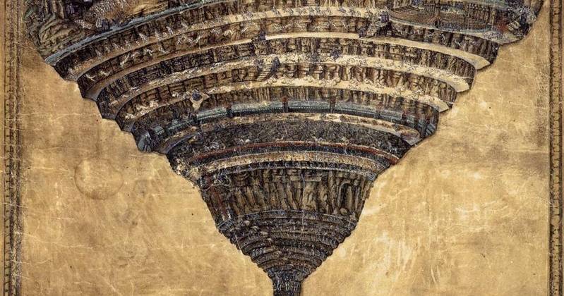 Bức tranh minh họa Địa ngục cho Thần Khúc, được hoàn thành bởi Sandro Botticelli vào thời gian 1480, bản tay, tác phẩm lưu giữ tại bảo tàng Giáo hoàng Vatican.