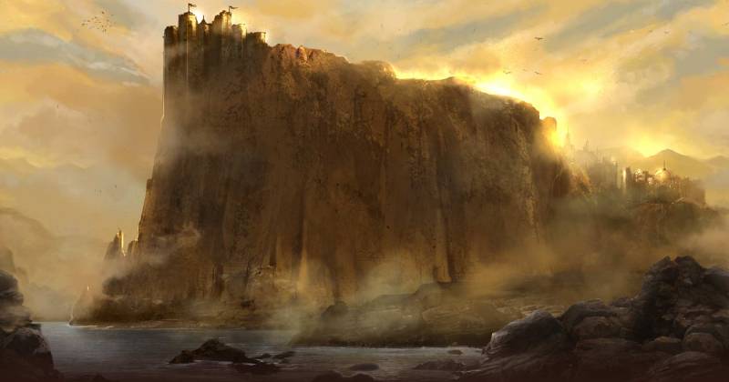 Hình miêu tả Casterly Rock trong tiểu thuyết, phần lớn phòng ốc nằm trong lòng núi.