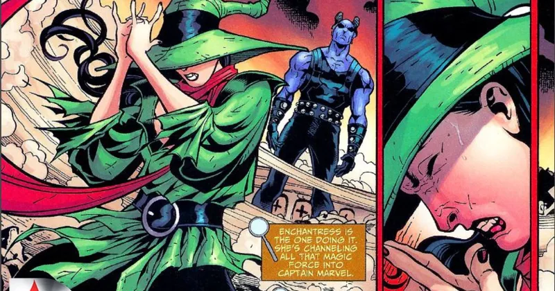 Enchantress truyền sức mạnh từ ph&aacute;p sư, ph&ugrave; thủy tr&ecirc;n to&agrave;n bộ 52 vũ trụ cho Captian Marvel.