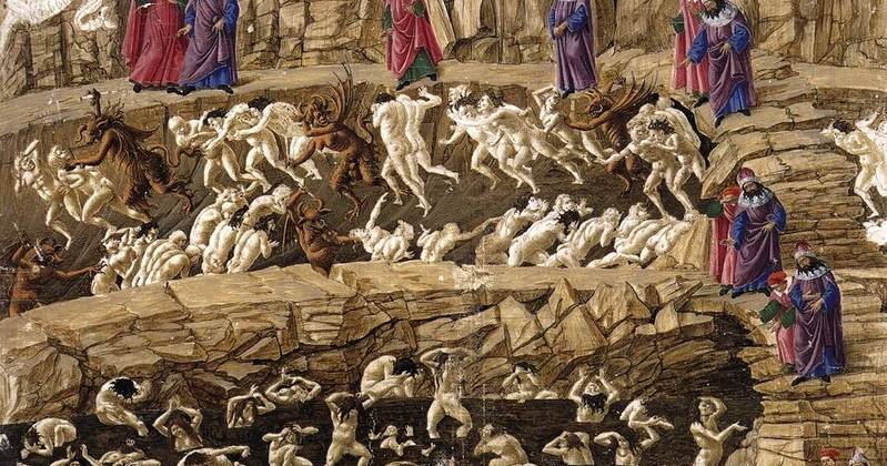 Bức tranh minh họa cho chương “Địa ngục” của Dante, được hoàn thành vào năm 1480 bởi Botticelli, tác phẩm được lưu giữ tại Bảo tàng Berlin.