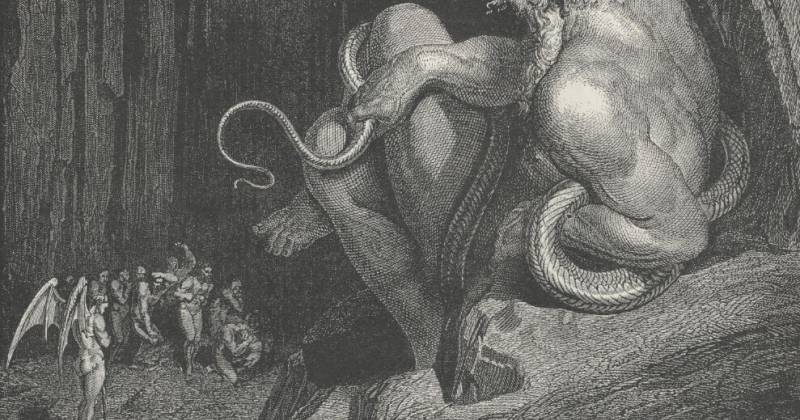 Tranh khắc của Gustave Doré Khổ 5, dòng 4: vua Minos phán xử các linh hồn.