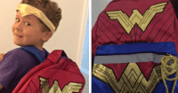Gal Gadot ủng hộ hai tay cậu bé đeo ba lô Wonder Woman đến trường